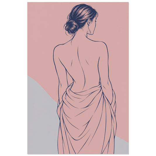 Affiche dessin au trait femme de dos au drapé, dessin au trait / illustration linéaire / aplats colorés verticale, format 30 × 45 cm