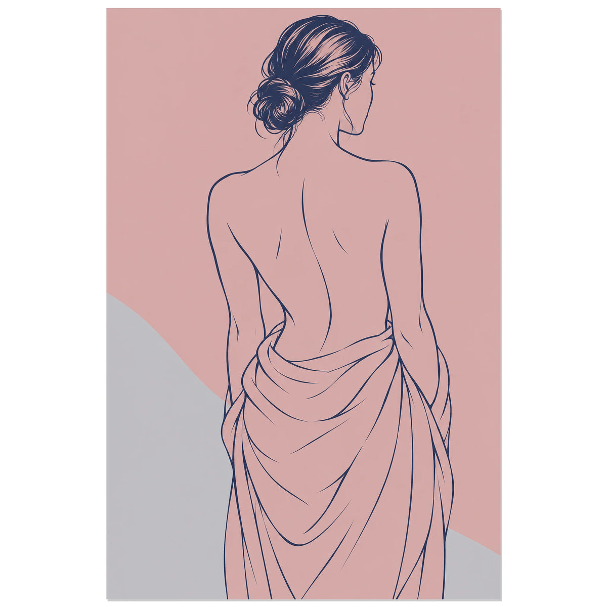 Affiche dessin au trait femme de dos au drapé, dessin au trait / illustration linéaire / aplats colorés verticale, format 60 × 90 cm