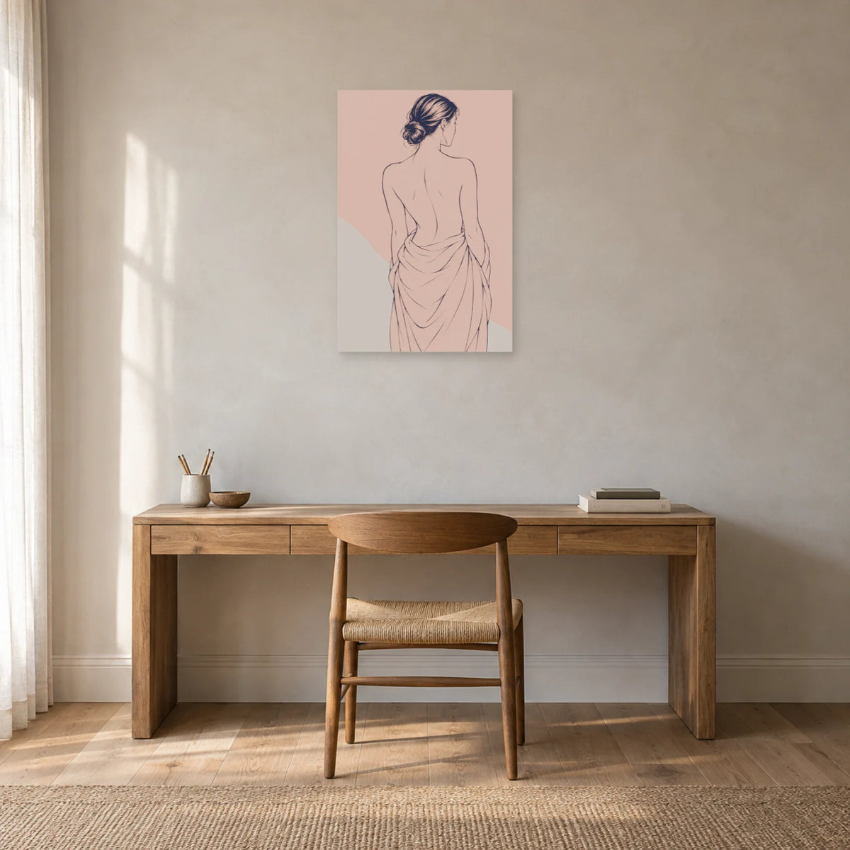 Affiche dessin au trait femme de dos au drapé dans un bureau - Art Virtuoso