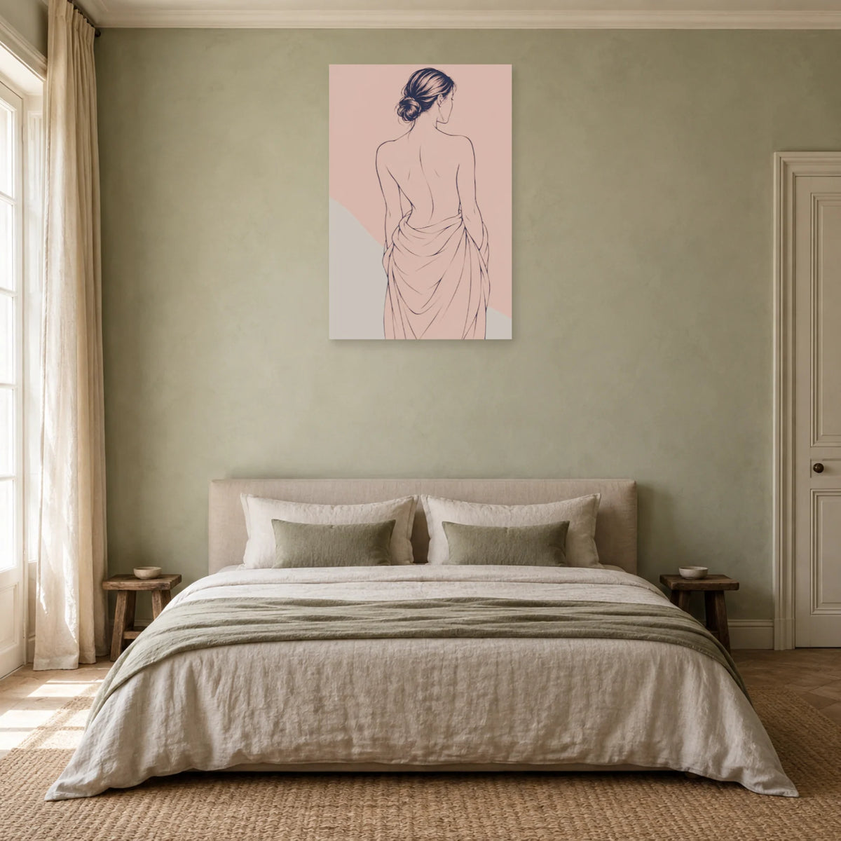 Affiche dessin au trait femme de dos au drapé dans une chambre - Art Virtuoso