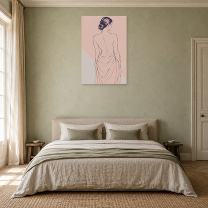 Affiche dessin au trait femme de dos au drapé dans une chambre - Art Virtuoso