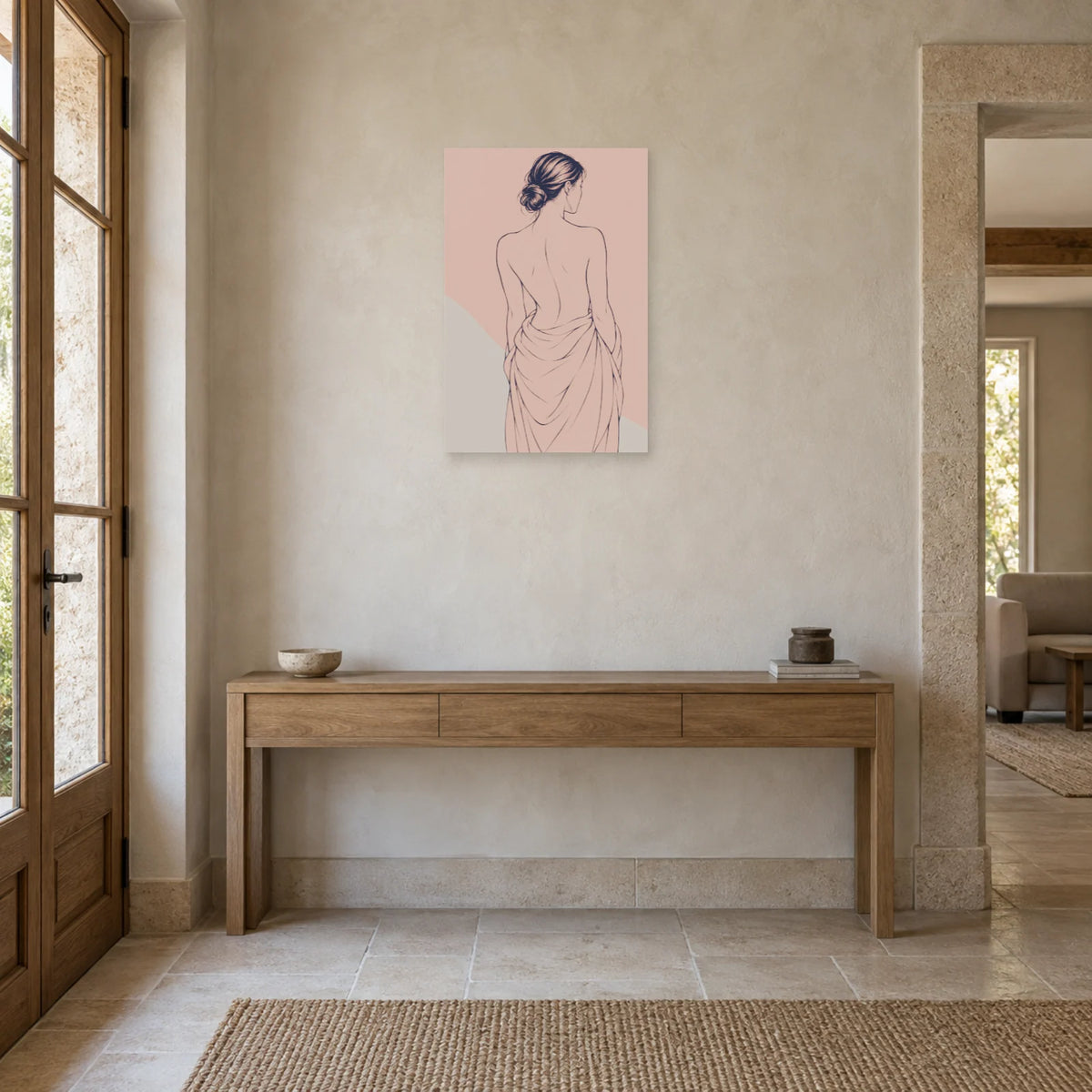 Affiche dessin au trait femme de dos au drapé dans une entrée ou un couloir - Art Virtuoso