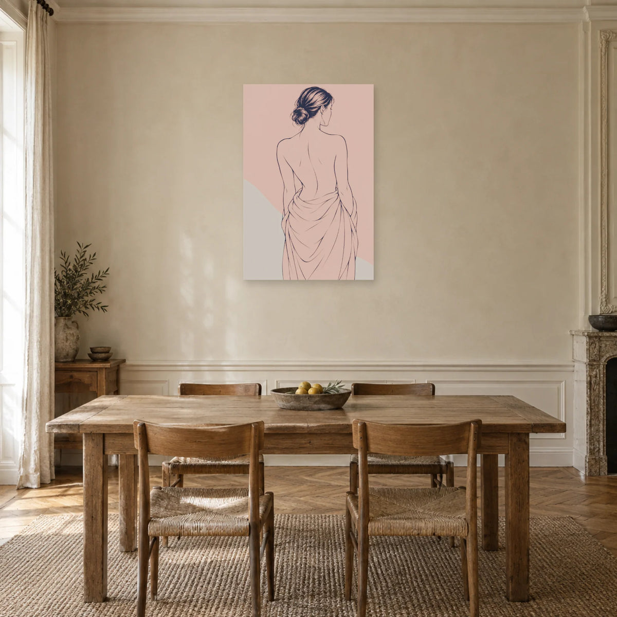 Affiche dessin au trait femme de dos au drapé dans une salle à manger - Art Virtuoso