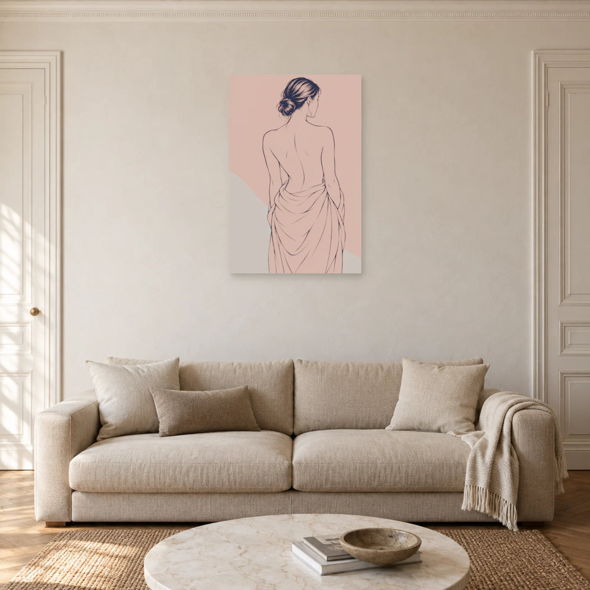 Affiche dessin au trait femme de dos au drapé dans un salon - Art Virtuoso