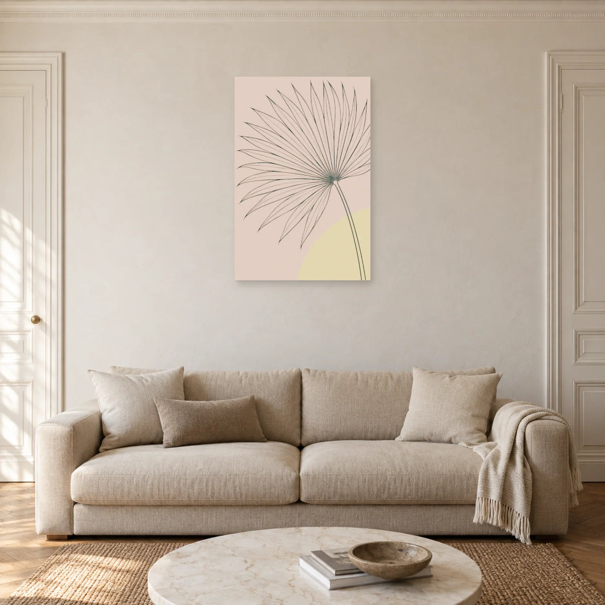 Affiche dessin au trait feuille de palme dans un salon - Art Virtuoso