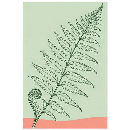 Affiche dessin au trait fougère déployée, dessin au trait / illustration linéaire / aplats colorés verticale, format 60 × 90 cm