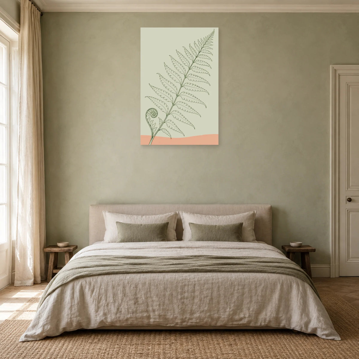 Affiche dessin au trait fougère déployée dans une chambre - Art Virtuoso