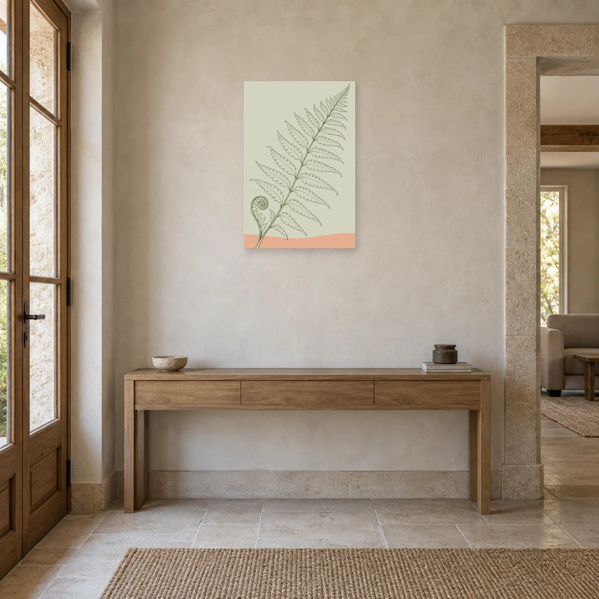 Affiche dessin au trait fougère déployée dans une entrée ou un couloir - Art Virtuoso
