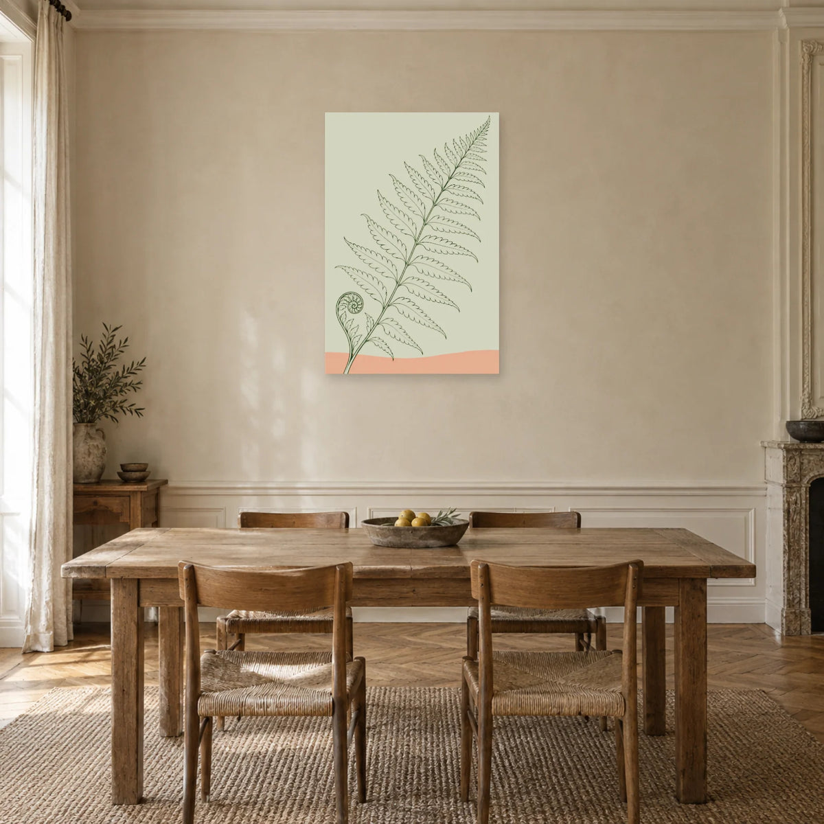 Affiche dessin au trait fougère déployée dans une salle à manger - Art Virtuoso