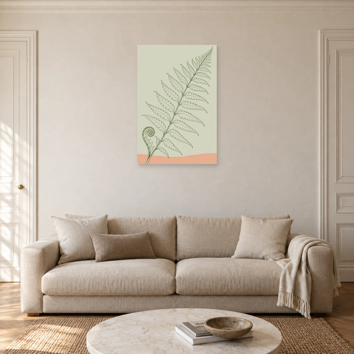 Affiche dessin au trait fougère déployée dans un salon - Art Virtuoso