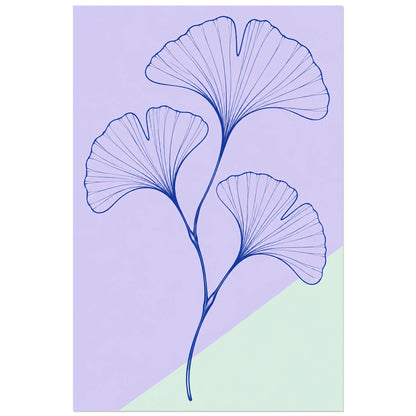 Affiche dessin au trait ginkgo en éventails, dessin au trait / illustration linéaire / aplats colorés verticale, format 30 × 45 cm