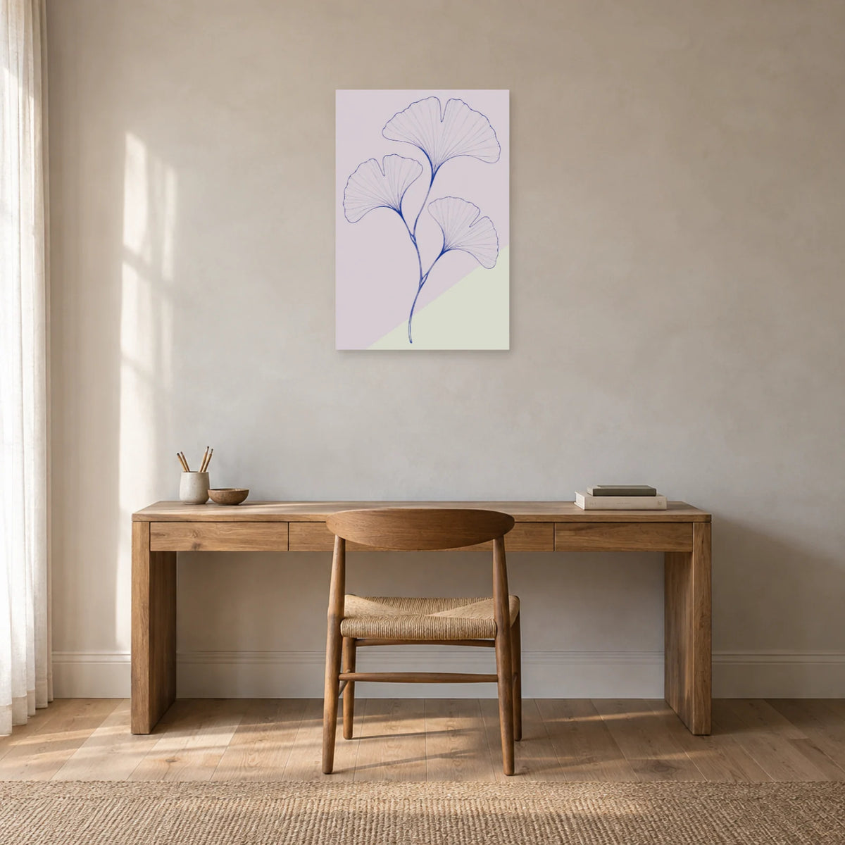 Affiche dessin au trait ginkgo en éventails dans un bureau - Art Virtuoso