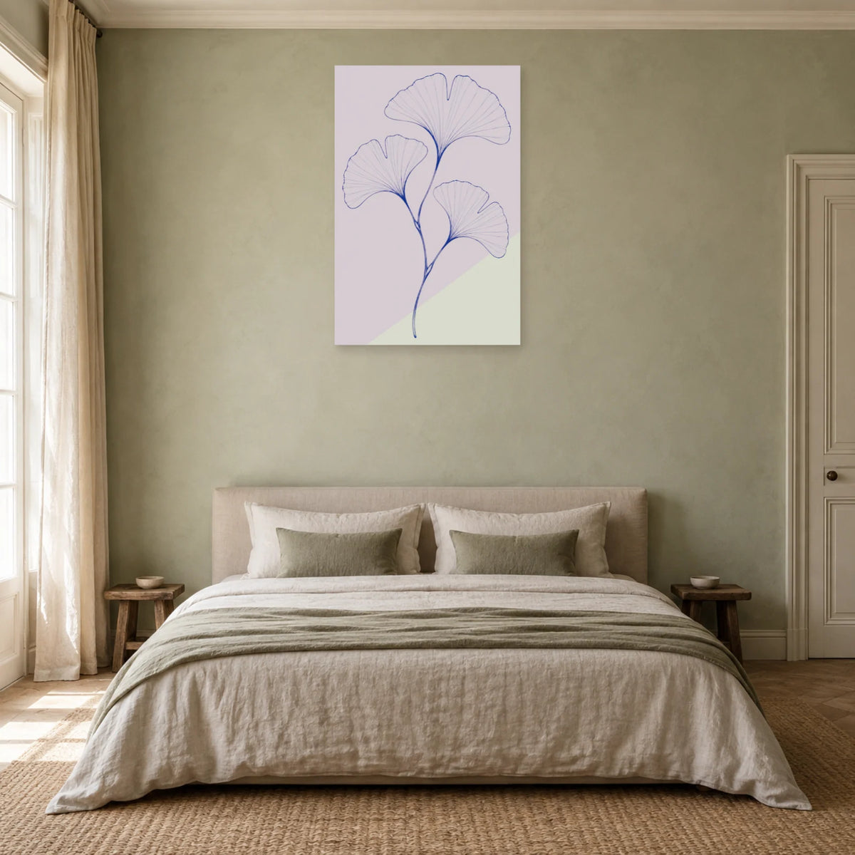 Affiche dessin au trait ginkgo en éventails dans une chambre - Art Virtuoso