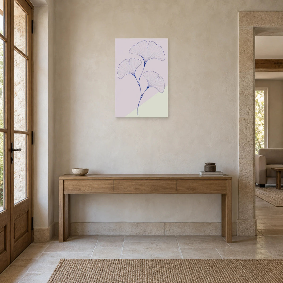 Affiche dessin au trait ginkgo en éventails dans une entrée ou un couloir - Art Virtuoso