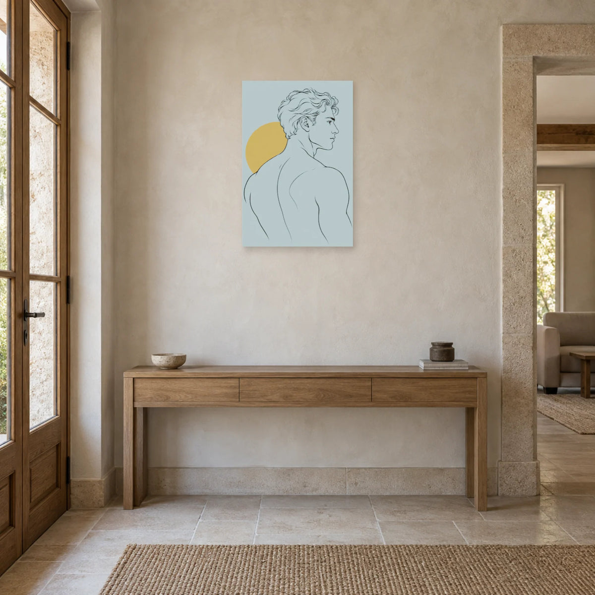 Affiche dessin au trait homme et ligne d'épaule dans une entrée ou un couloir - Art Virtuoso