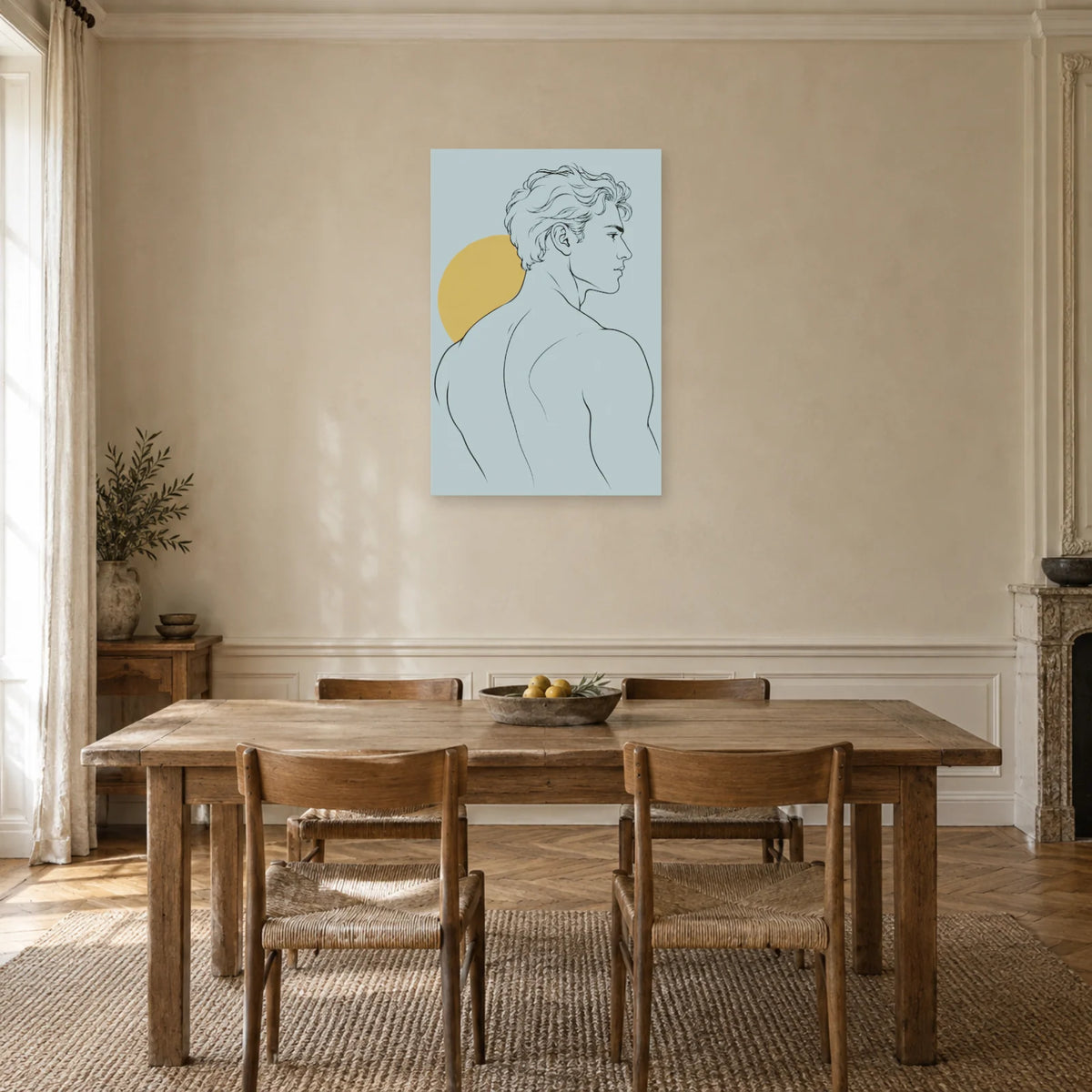 Affiche dessin au trait homme et ligne d'épaule dans une salle à manger - Art Virtuoso