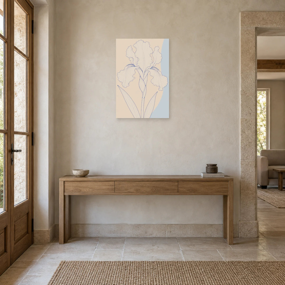 Affiche dessin au trait iris déplié dans une entrée ou un couloir - Art Virtuoso