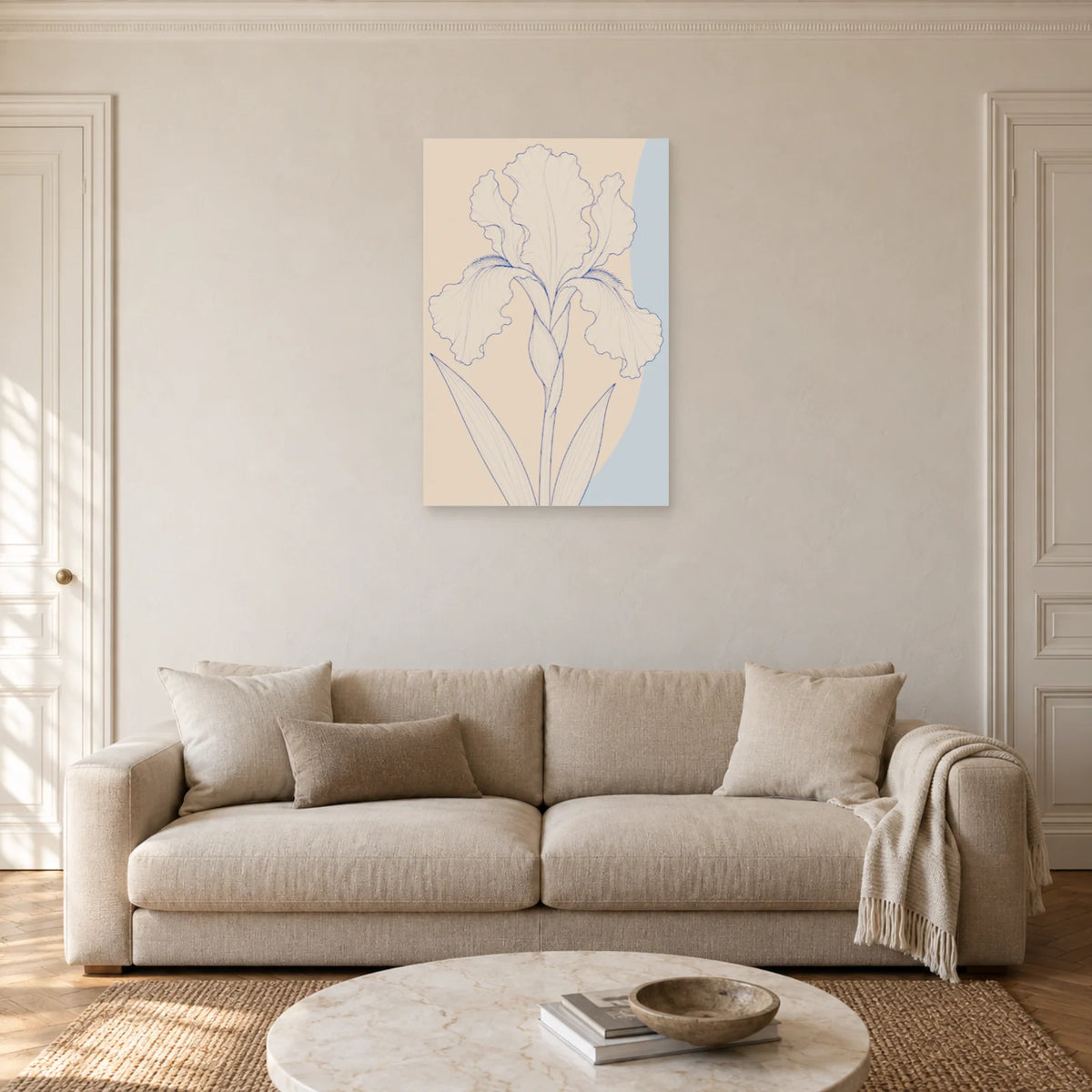Affiche dessin au trait iris déplié dans un salon - Art Virtuoso