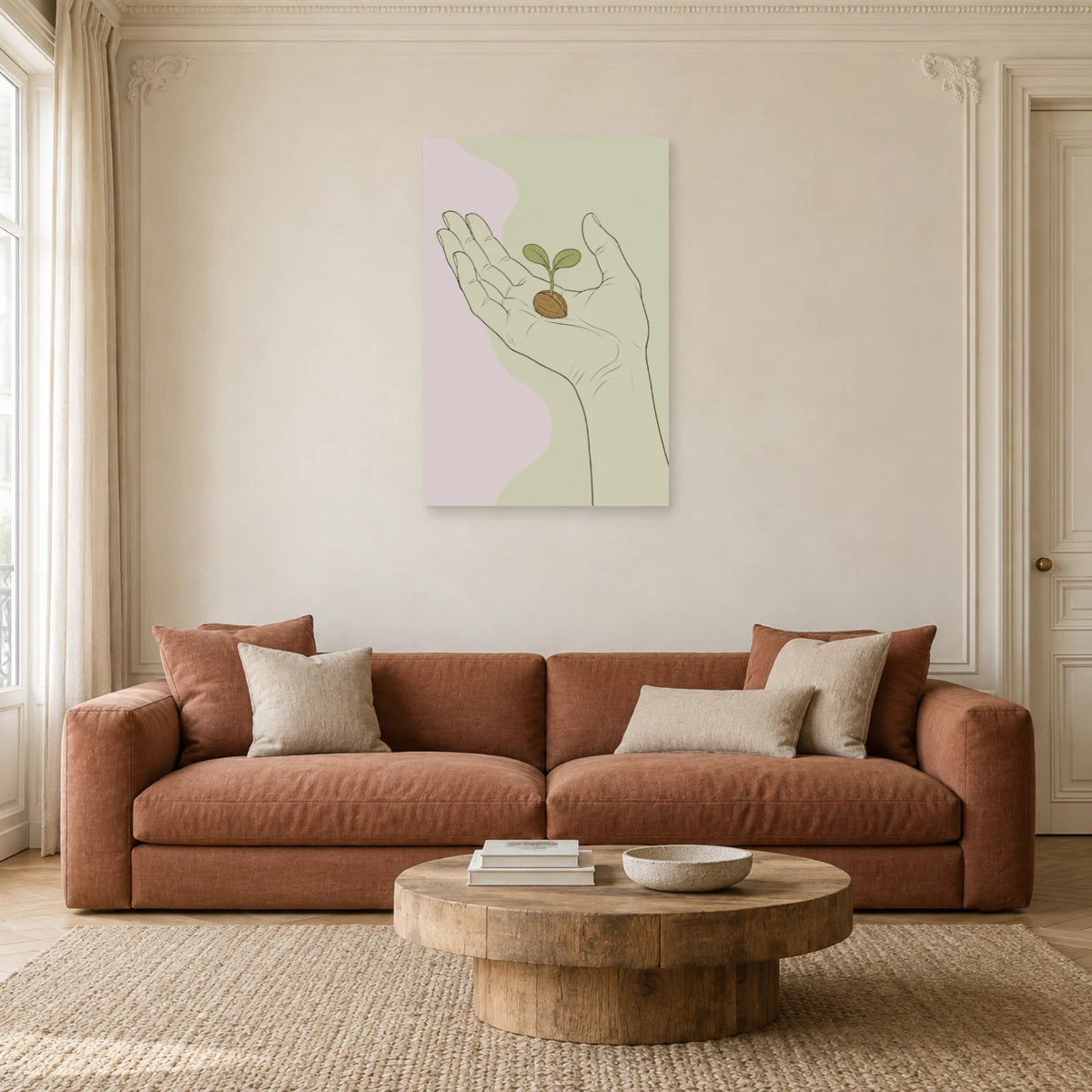 Affiche dessin au trait main et graine dans un salon - Art Virtuoso