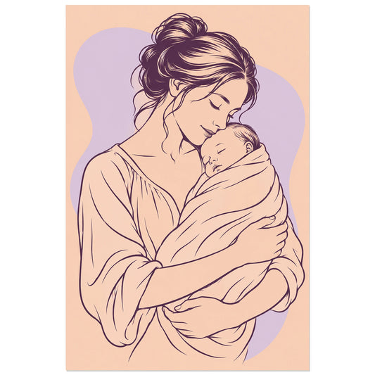 Affiche dessin au trait mère et enfant blotti, dessin au trait / illustration linéaire / aplats colorés verticale, format 30 × 45 cm