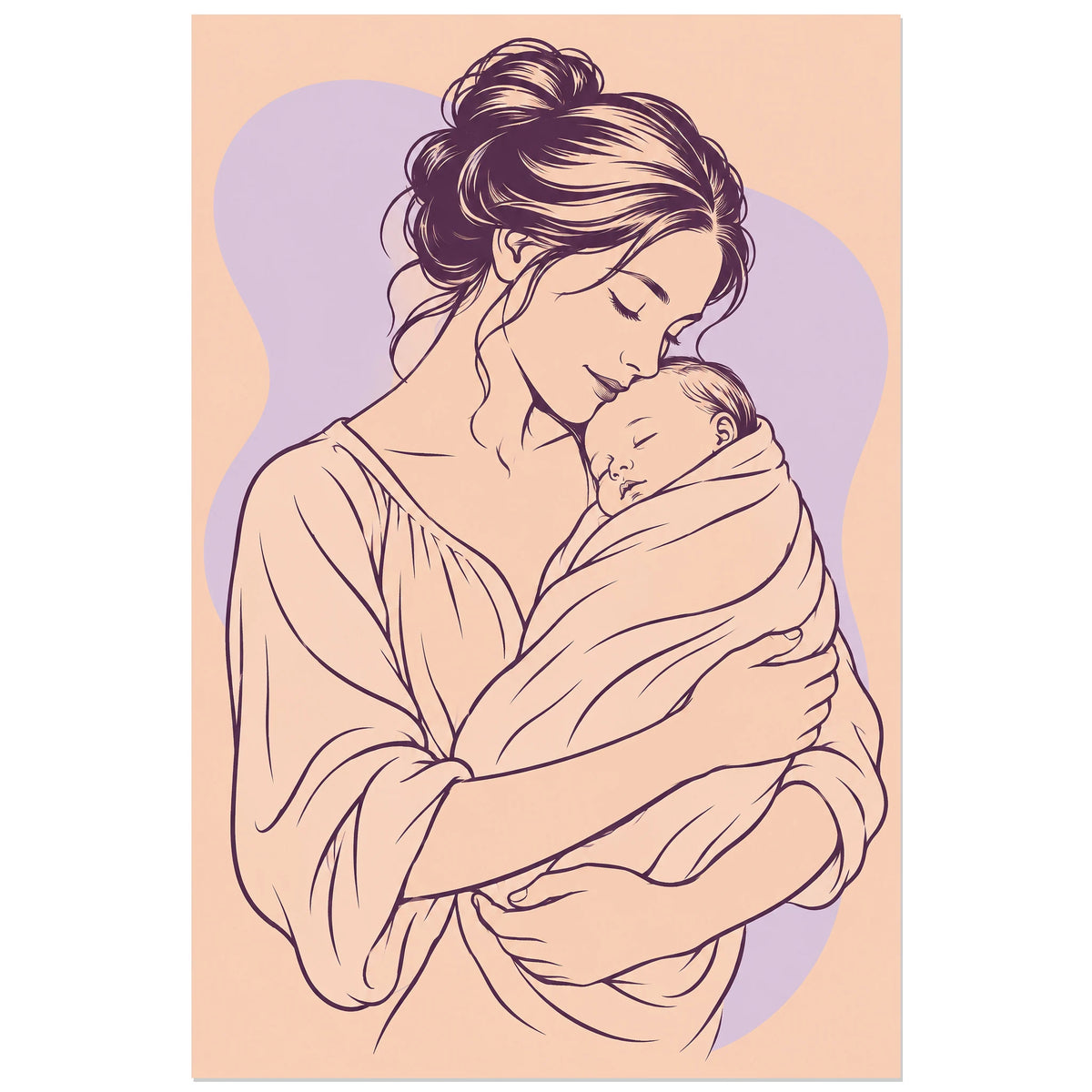 Affiche dessin au trait mère et enfant blotti, dessin au trait / illustration linéaire / aplats colorés verticale, format 40 × 60 cm