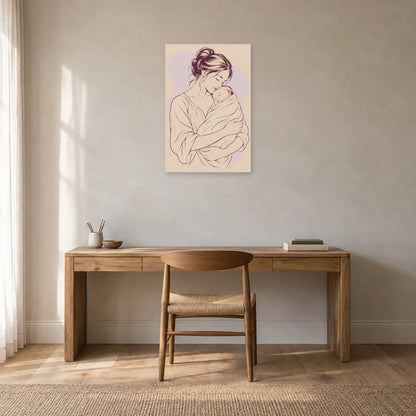 Affiche dessin au trait mère et enfant blotti dans un bureau - Art Virtuoso