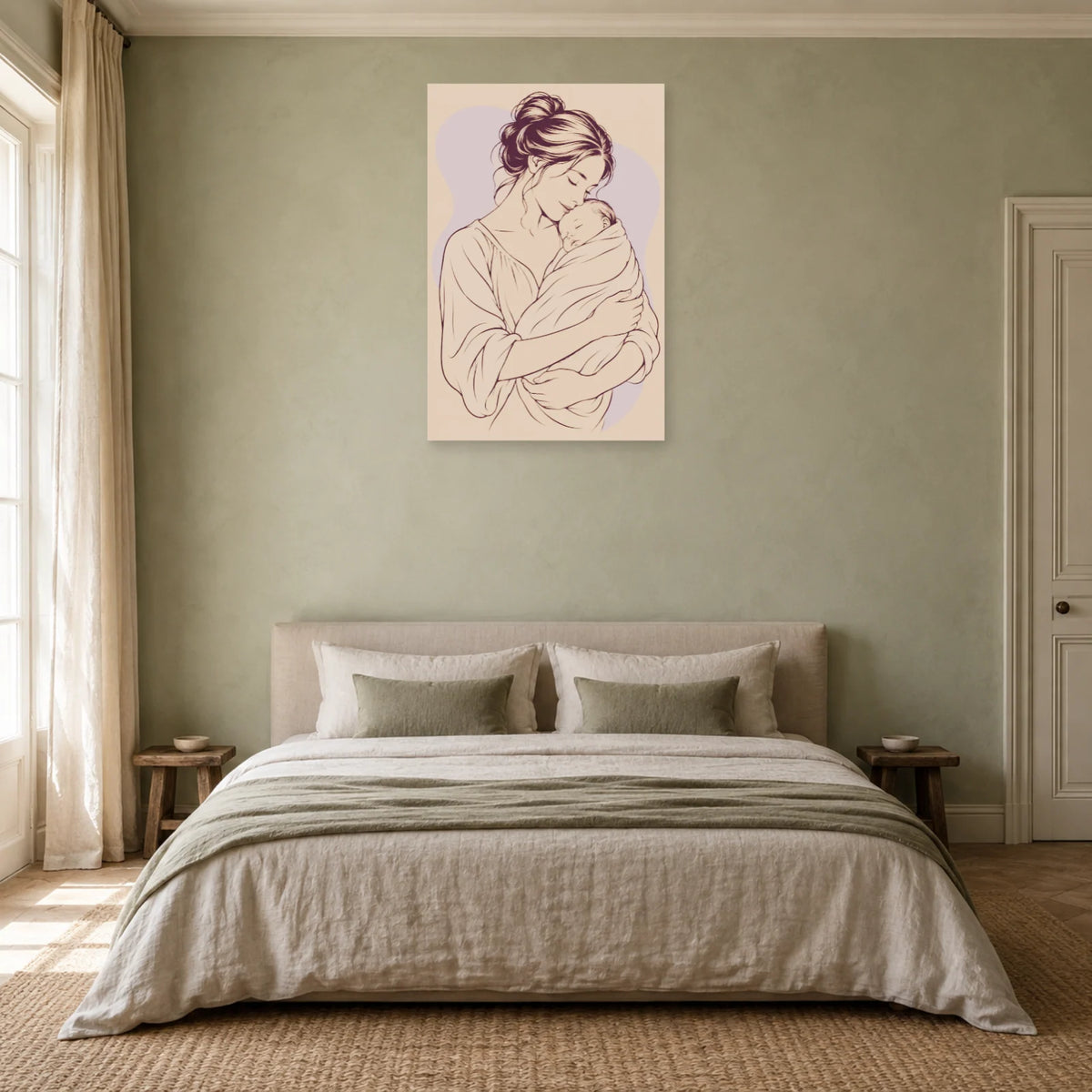 Affiche dessin au trait mère et enfant blotti dans une chambre - Art Virtuoso