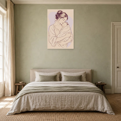 Affiche dessin au trait mère et enfant blotti dans une chambre - Art Virtuoso