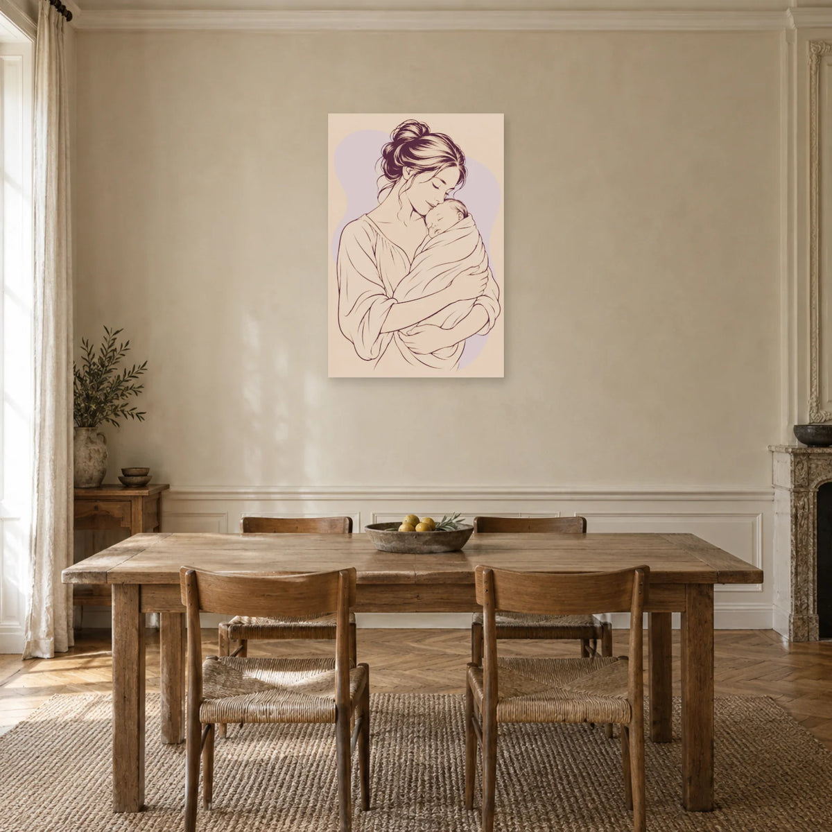 Affiche dessin au trait mère et enfant blotti dans une salle à manger - Art Virtuoso