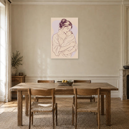 Affiche dessin au trait mère et enfant blotti dans une salle à manger - Art Virtuoso
