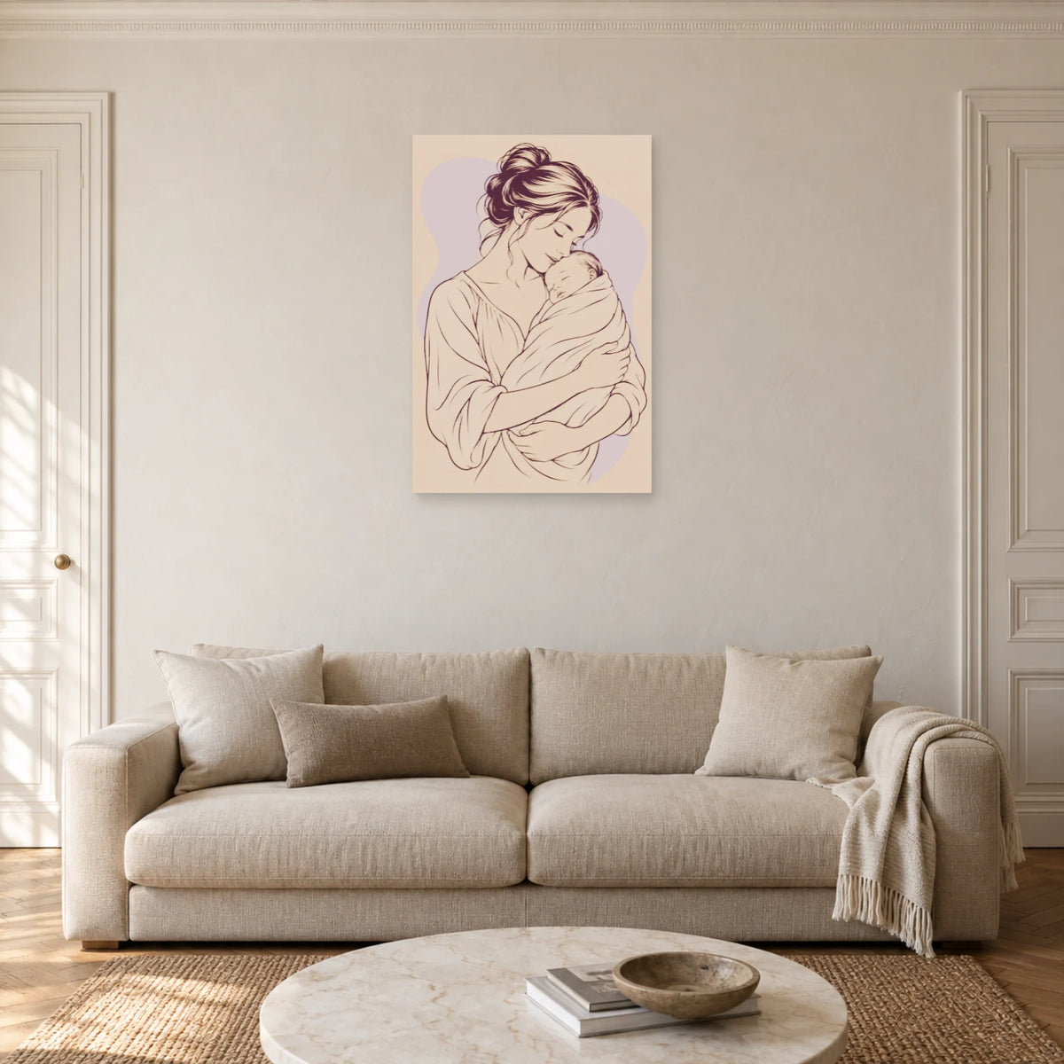 Affiche dessin au trait mère et enfant blotti dans un salon - Art Virtuoso