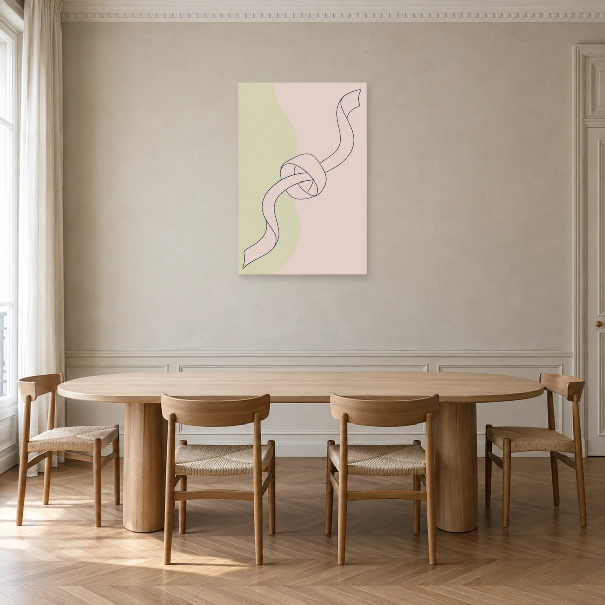 Affiche dessin au trait ruban noué dans une salle à manger - Art Virtuoso