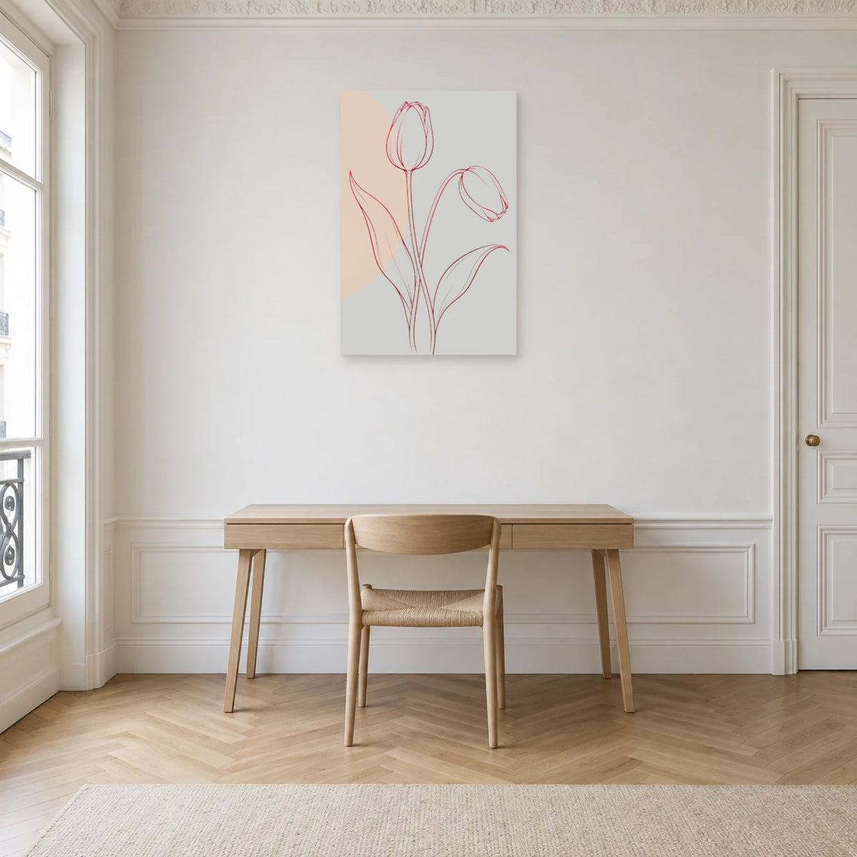 Affiche dessin au trait tulipes inclinées dans un bureau - Art Virtuoso
