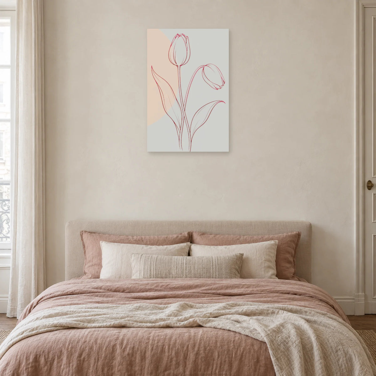 Affiche dessin au trait tulipes inclinées dans une chambre - Art Virtuoso
