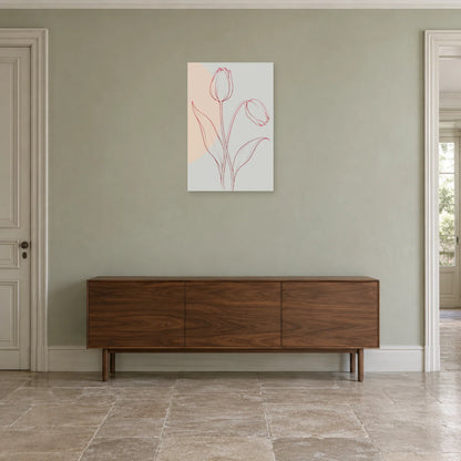 Affiche dessin au trait tulipes inclinées dans une entrée ou un couloir - Art Virtuoso