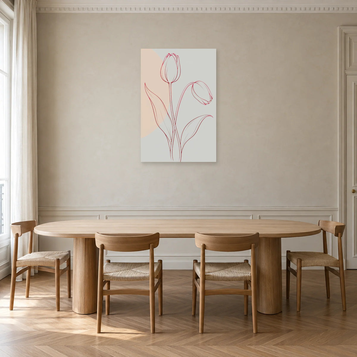 Affiche dessin au trait tulipes inclinées dans une salle à manger - Art Virtuoso