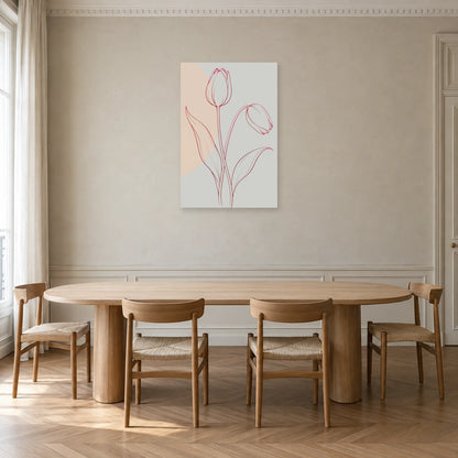 Affiche dessin au trait tulipes inclinées dans une salle à manger - Art Virtuoso