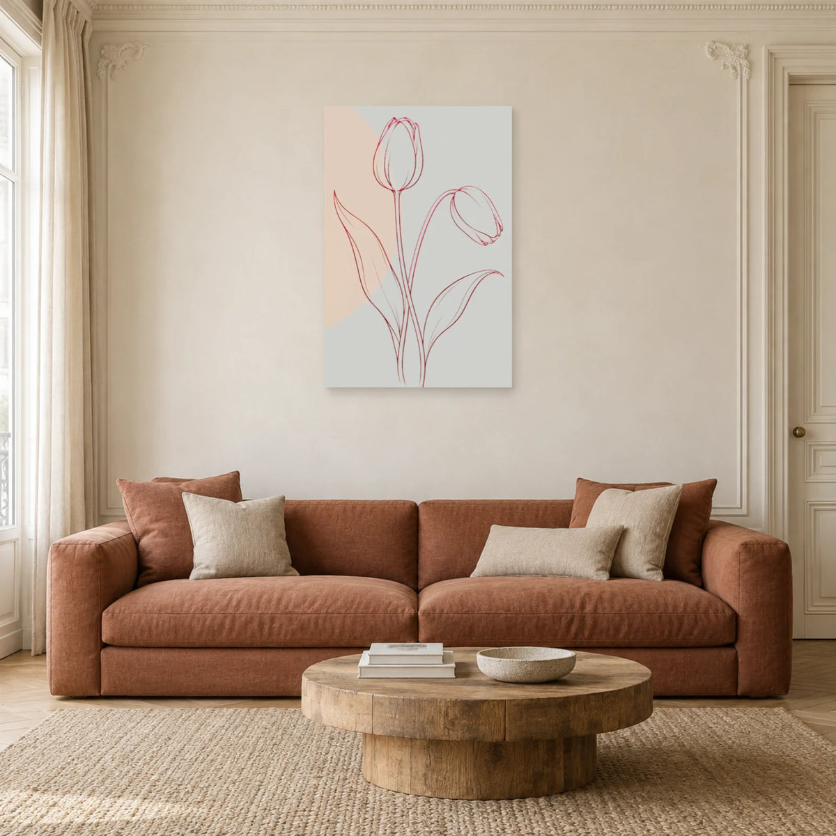 Affiche dessin au trait tulipes inclinées dans un salon - Art Virtuoso
