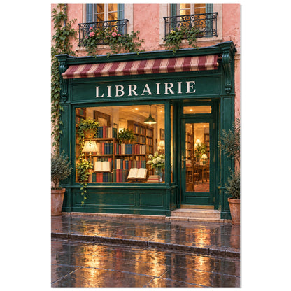Affiche Devanture de Librairie Verte – Livres Illuminés, illustration réaliste / rendu peint / création numérique verticale, format 30 × 45 cm