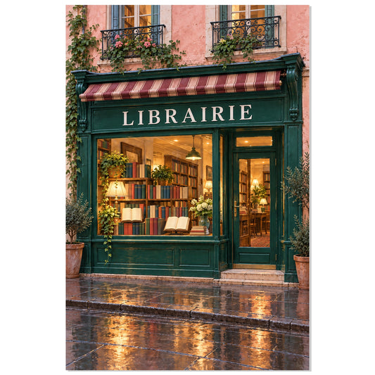 Affiche Devanture de Librairie Verte – Livres Illuminés, illustration réaliste / rendu peint / création numérique verticale, format 30 × 45 cm