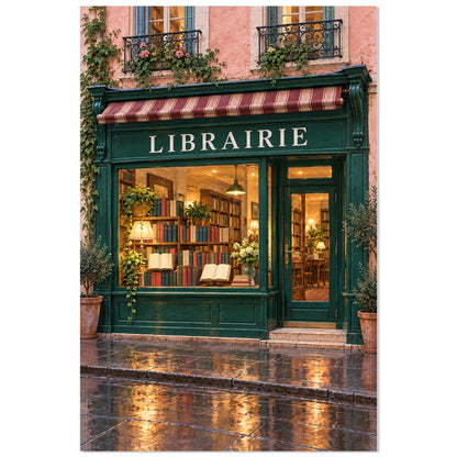 Affiche Devanture de Librairie Verte – Livres Illuminés, illustration réaliste / rendu peint / création numérique verticale, format 60 × 90 cm