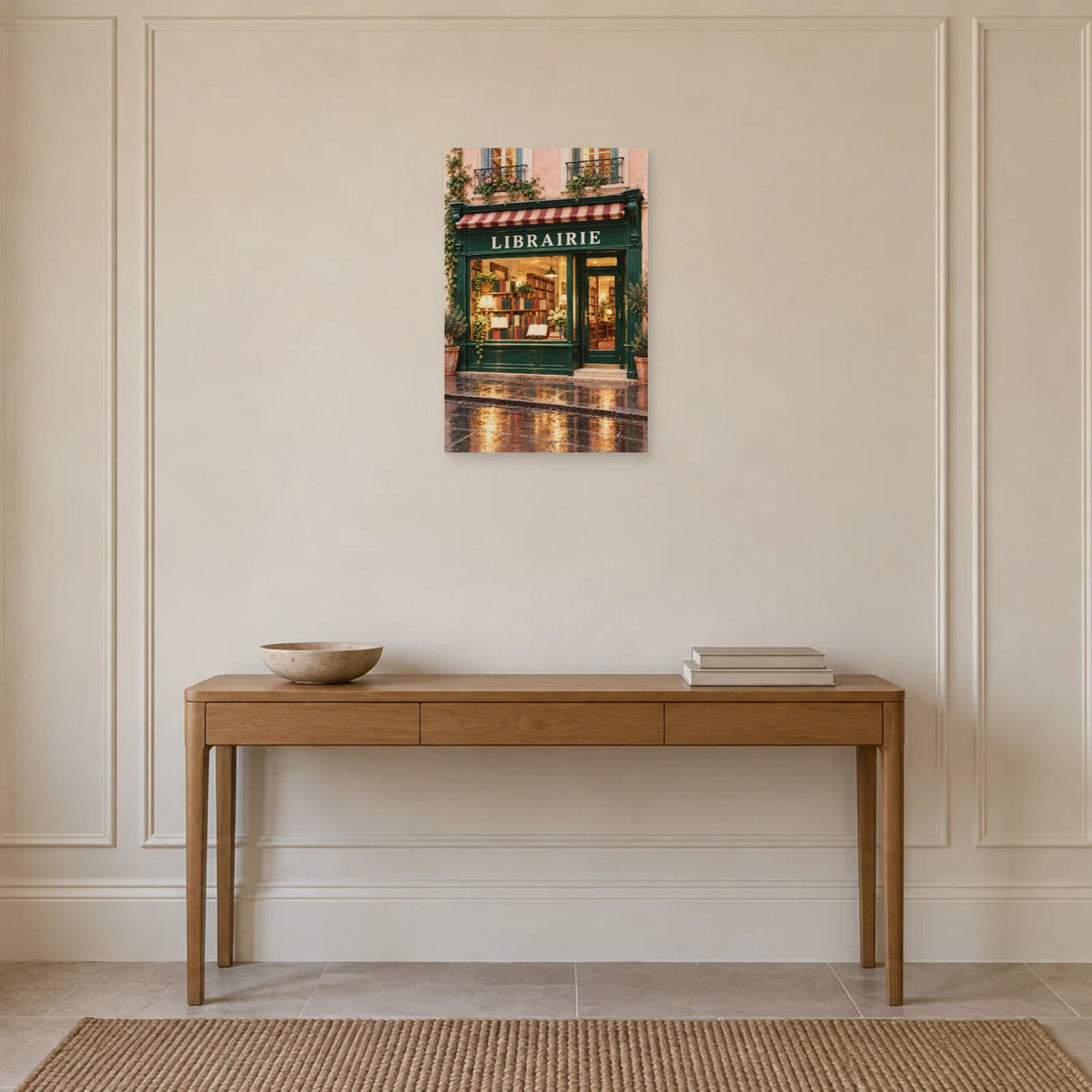 Affiche devanture de librairie verte dans une entrée ou un couloir - Art Virtuoso