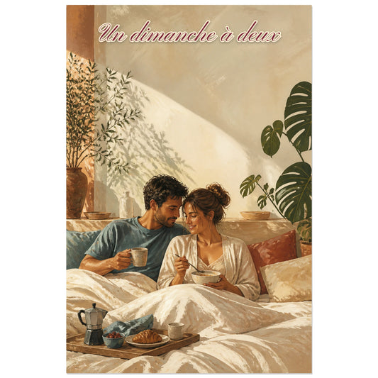 Affiche Un dimanche à deux - Chambre romantique, illustration éditoriale chaleureuse peinte à la gouache verticale, format 30 × 45 cm
