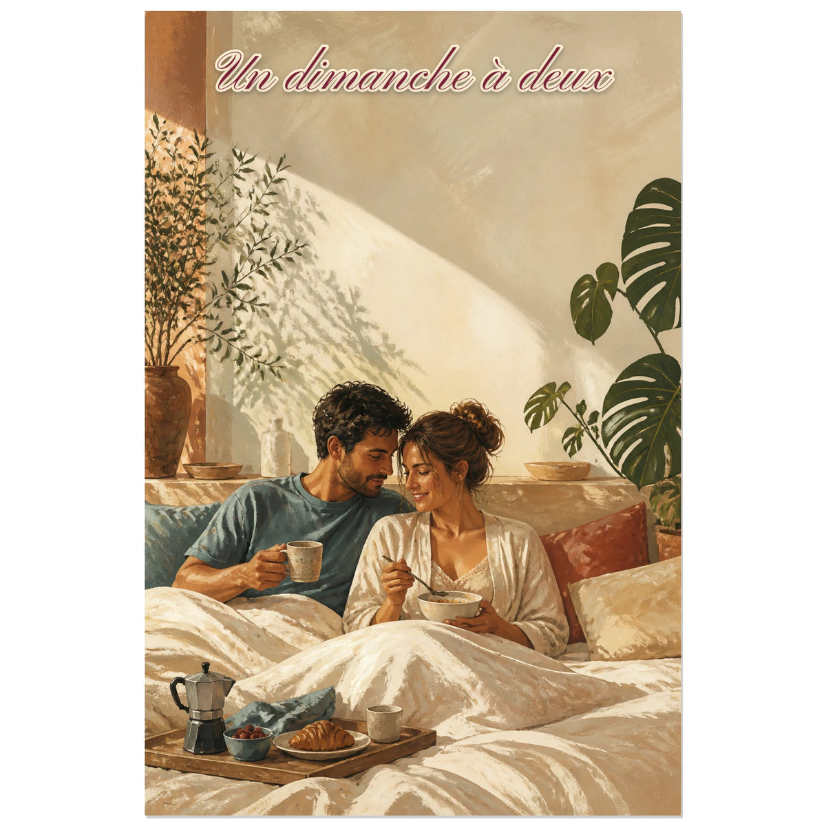 Affiche Un dimanche à deux - Chambre romantique, illustration éditoriale chaleureuse peinte à la gouache verticale, format 40 × 60 cm