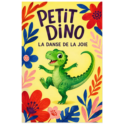 Affiche Petit dino – La danse de la joie, gouache jeunesse / illustration florale / lettrage peint verticale, format 60 × 90 cm