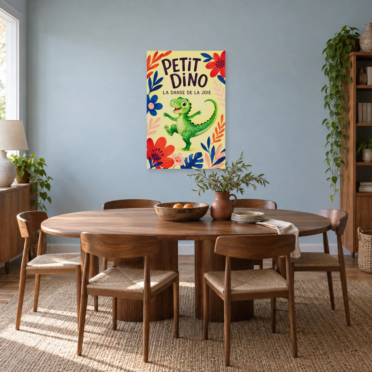 Affiche Petit dino - La danse de la joie dans une salle à manger - Art Virtuoso