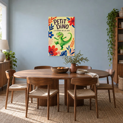 Affiche Petit dino - La danse de la joie dans une salle à manger - Art Virtuoso