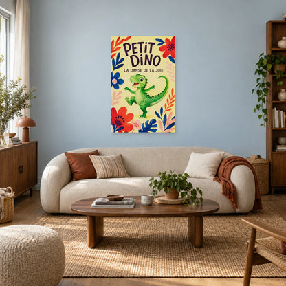 Affiche Petit dino - La danse de la joie dans un salon - Art Virtuoso