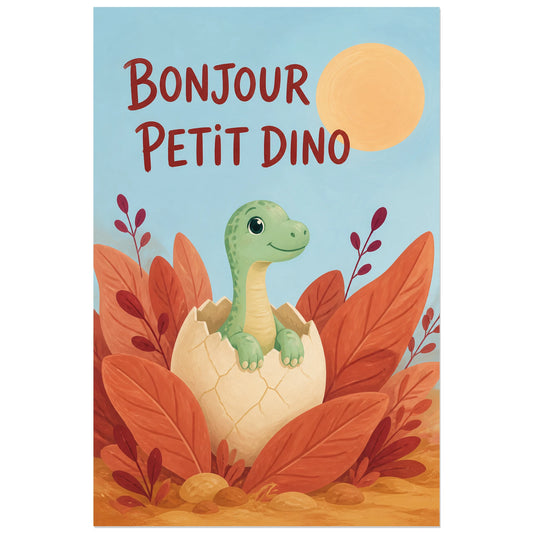 Affiche Bonjour petit dino, gouache jeunesse / lettrage peint verticale, format 30 × 45 cm