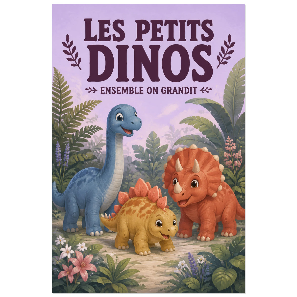 Affiche Les petits dinos – Ensemble on grandit, illustration jeunesse / gouache verticale, format 40 × 60 cm